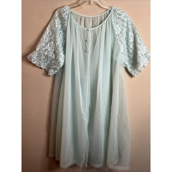 Vintage Lorraine Mint Blue Lace Night Dress And Cardigan 2 Set Size M - Picture 11 of 16